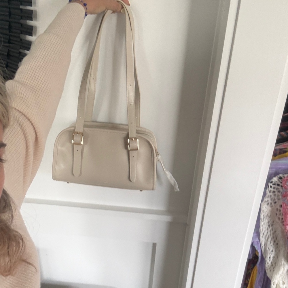 Cream Structured Double-Handle Satchel - Picture 3 of 3